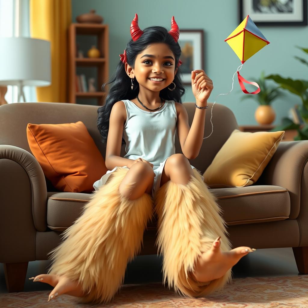 A beautiful 17-year-old Tamil girl with a striking human female body and oversized, humorous chicken legs, featuring devil horns on her head