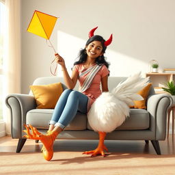 A beautiful 17-year-old Tamil girl with a striking human female body and oversized, humorous chicken legs, featuring devil horns on her head