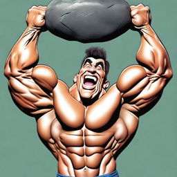 This is a digital art piece, showcasing a caricature of an impressively muscular man, handsome in appearance, lifting a gigantic rock above his head