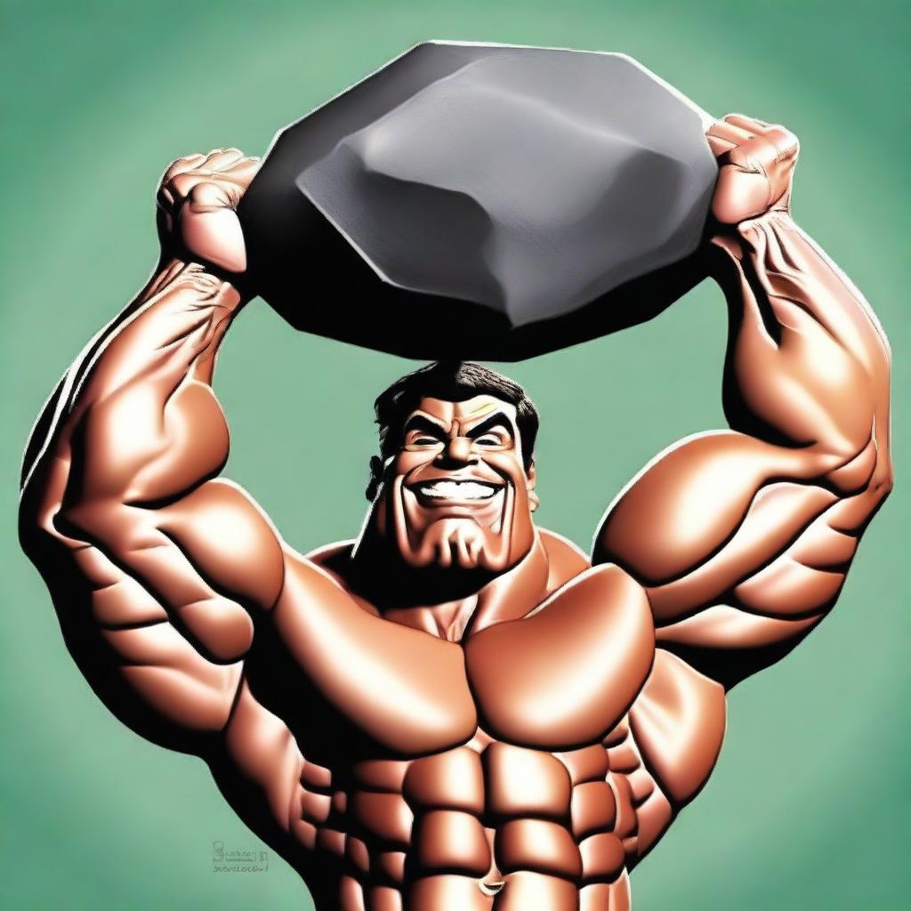 This is a digital art piece, showcasing a caricature of an impressively muscular man, handsome in appearance, lifting a gigantic rock above his head