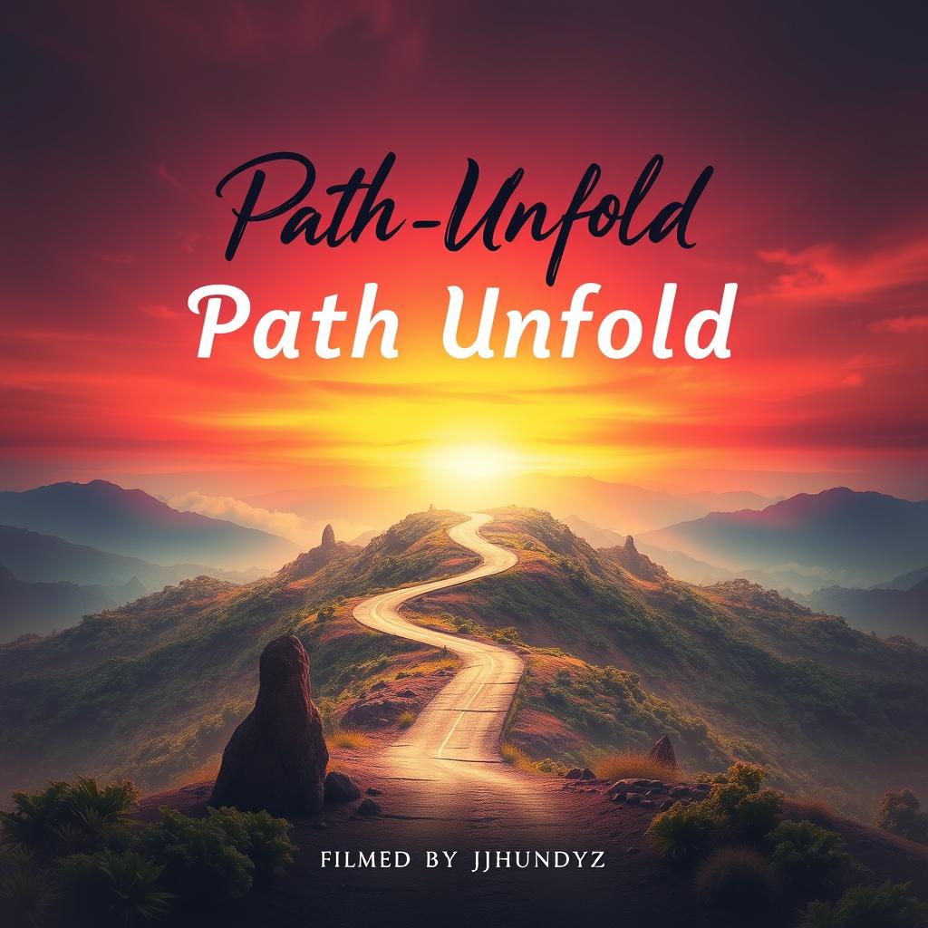 A dynamic and captivating movie poster titled 'Path Unfold', showcasing a mysterious winding road disappearing into the horizon under a vibrant sunset sky