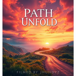 A dynamic and captivating movie poster titled 'Path Unfold', showcasing a mysterious winding road disappearing into the horizon under a vibrant sunset sky