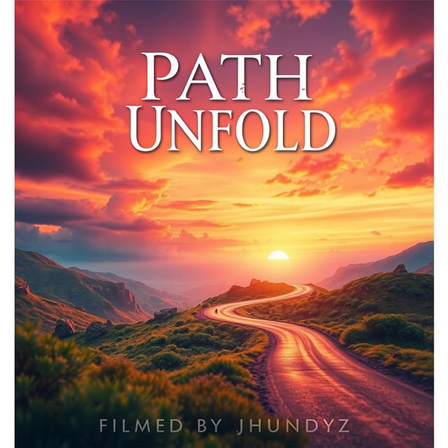 A dynamic and captivating movie poster titled 'Path Unfold', showcasing a mysterious winding road disappearing into the horizon under a vibrant sunset sky