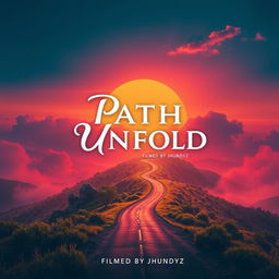 A dynamic and captivating movie poster titled 'Path Unfold', showcasing a mysterious winding road disappearing into the horizon under a vibrant sunset sky
