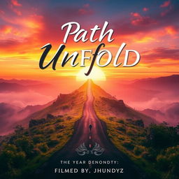 A dynamic and captivating movie poster titled 'Path Unfold', showcasing a mysterious winding road disappearing into the horizon under a vibrant sunset sky