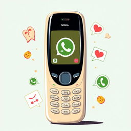 An artistic illustration depicting a vintage Nokia mobile phone featuring a modern WhatsApp call interface on the screen