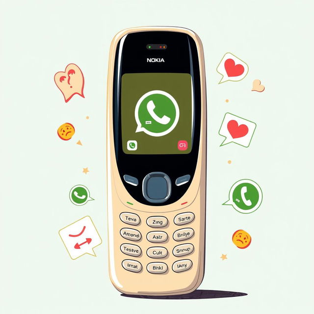 An artistic illustration depicting a vintage Nokia mobile phone featuring a modern WhatsApp call interface on the screen