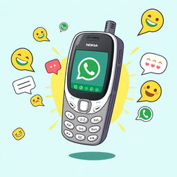 An artistic illustration depicting a vintage Nokia mobile phone featuring a modern WhatsApp call interface on the screen