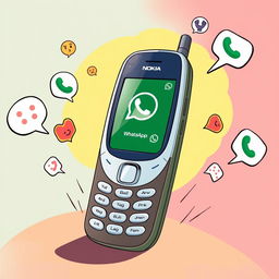 An artistic illustration depicting a vintage Nokia mobile phone featuring a modern WhatsApp call interface on the screen