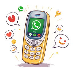 An artistic illustration depicting a vintage Nokia mobile phone featuring a modern WhatsApp call interface on the screen