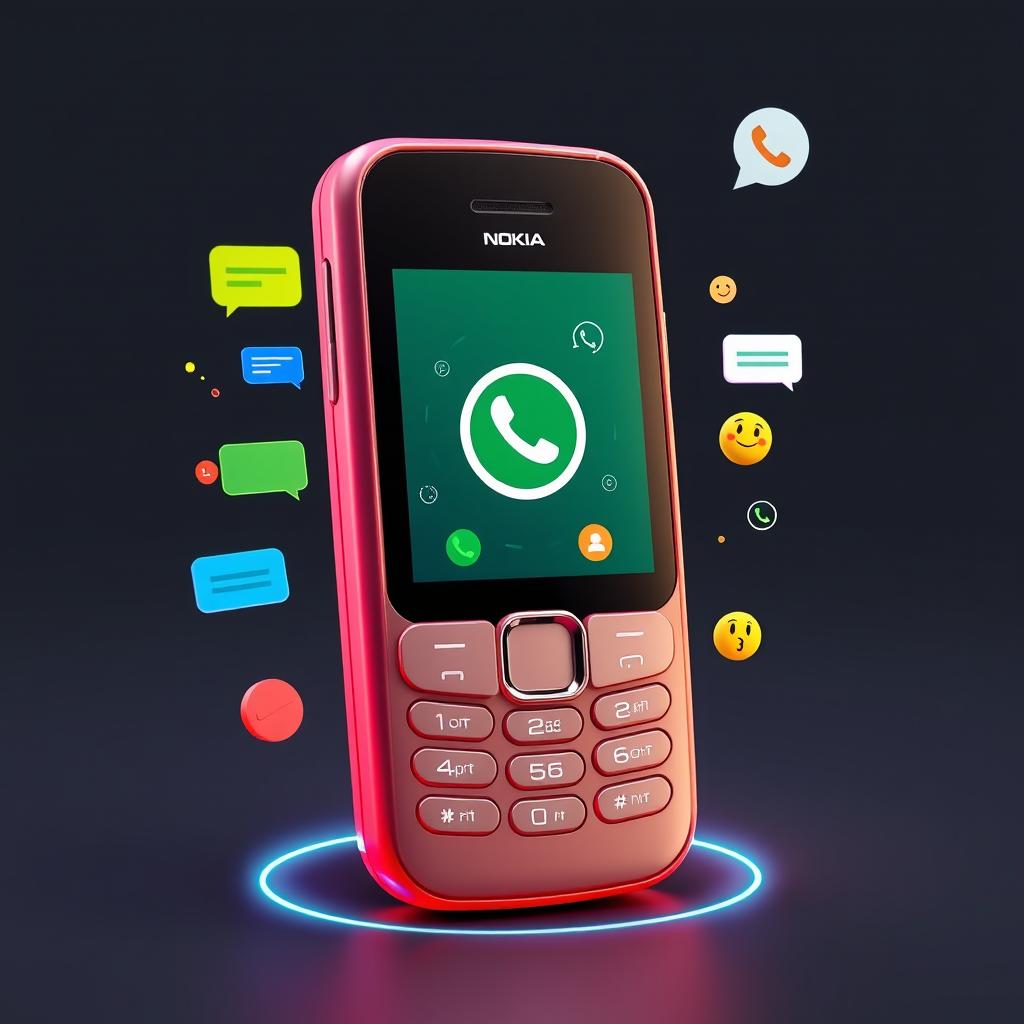 A futuristic 3D rendering of a Nokia mobile phone equipped with a vibrant WhatsApp call interface displayed on its screen