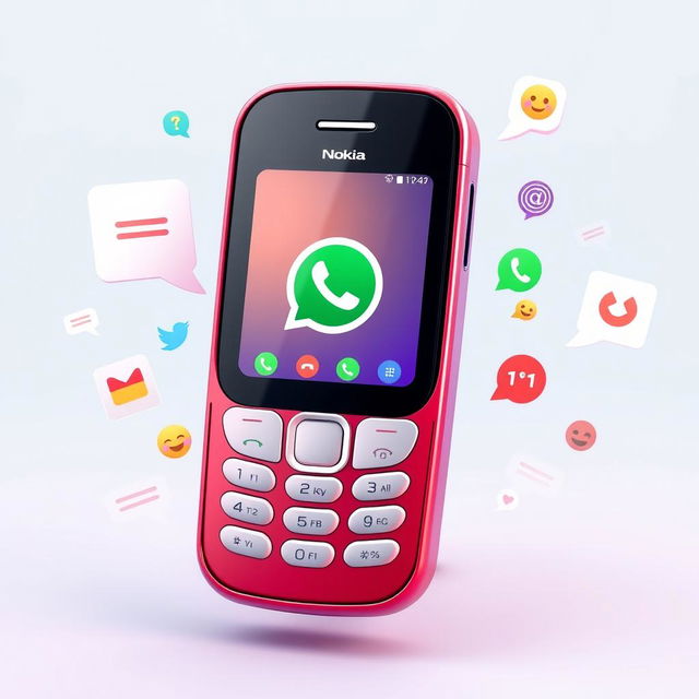 A futuristic 3D rendering of a Nokia mobile phone equipped with a vibrant WhatsApp call interface displayed on its screen