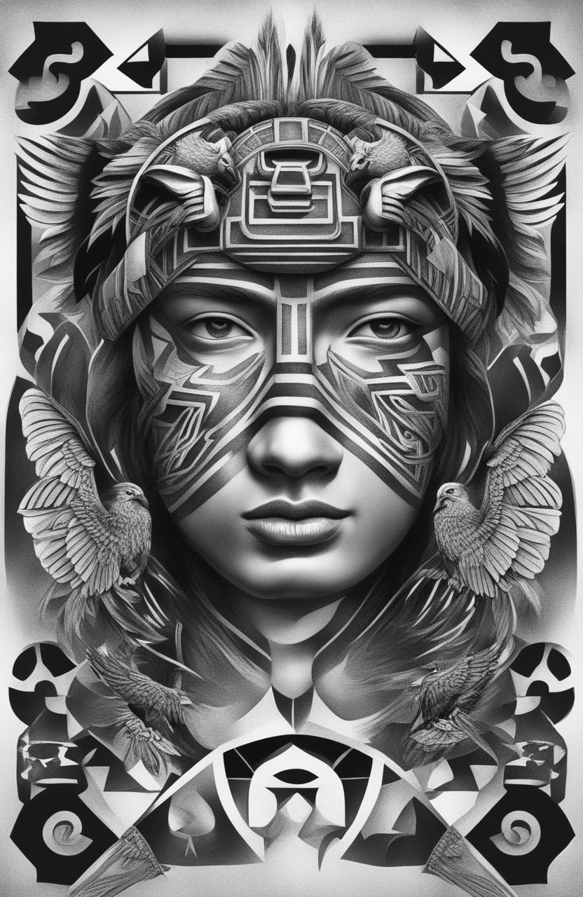 A high-resolution, black and white digital art image of an Aztec tattoo design