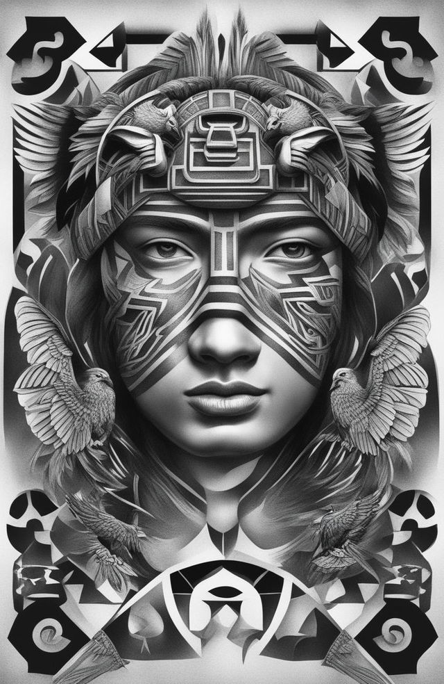 A high-resolution, black and white digital art image of an Aztec tattoo design