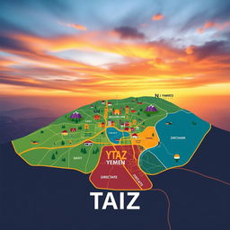 A beautifully designed map of the city of Taiz in Yemen, showcasing the various directorates in vibrant and wonderful colors