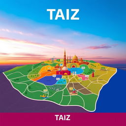 A beautifully designed map of the city of Taiz in Yemen, showcasing the various directorates in vibrant and wonderful colors
