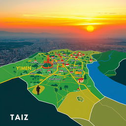 A beautifully designed map of the city of Taiz in Yemen, showcasing the various directorates in vibrant and wonderful colors