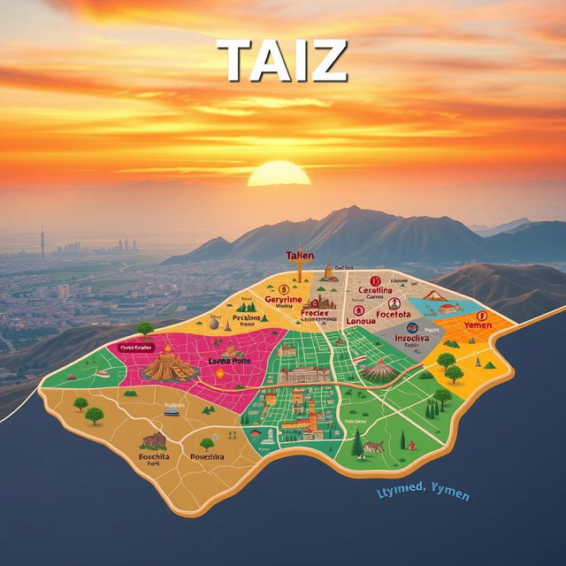 A beautifully designed map of the city of Taiz in Yemen, showcasing the various directorates in vibrant and wonderful colors