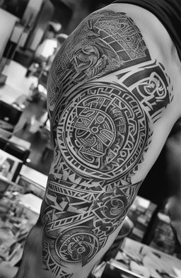 A high-resolution, black and white digital art image of an Aztec tattoo design