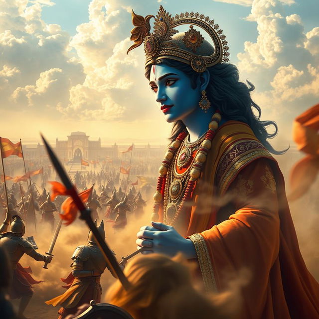 A divine scene depicting Lord Krishna observing the epic battle of Mahabharata from above