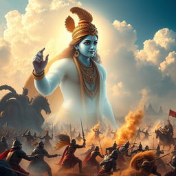 A divine scene depicting Lord Krishna observing the epic battle of Mahabharata from above
