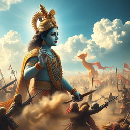 A divine scene depicting Lord Krishna observing the epic battle of Mahabharata from above