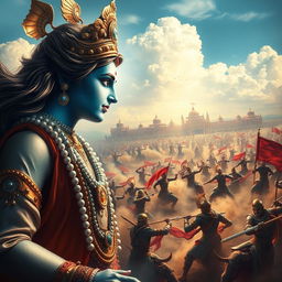 A divine scene depicting Lord Krishna observing the epic battle of Mahabharata from above