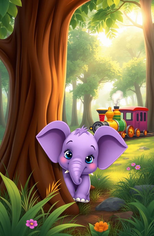 A cute purple baby elephant peeking out from behind a large, friendly tree, with wide, curious eyes