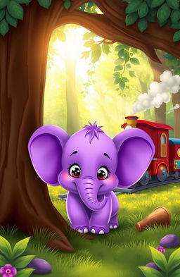 A cute purple baby elephant peeking out from behind a large, friendly tree, with wide, curious eyes