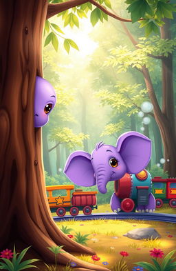 A cute purple baby elephant peeking out from behind a large, friendly tree, with wide, curious eyes