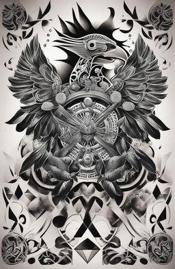 A high-resolution, black and white digital art image of an Aztec tattoo design