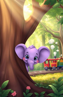 A cute purple baby elephant peeking out from behind a large, friendly tree, with wide, curious eyes