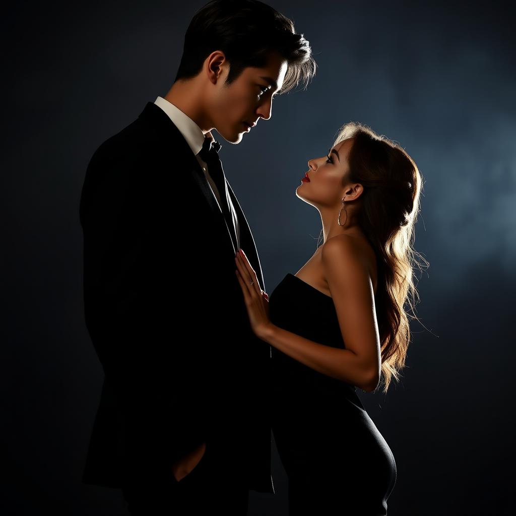 A dark romance scene featuring a tall, handsome man standing closely to a shorter woman, creating an intimate and passionate atmosphere