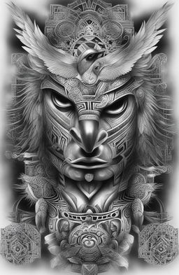 A high-resolution, black and white digital art image of an Aztec tattoo design