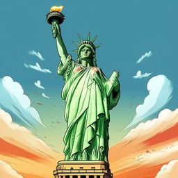 Generate a cartoon version of the Statue of Liberty in New York City.