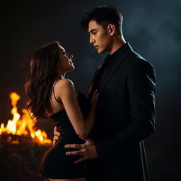A dark romance scene featuring a tall, handsome man standing closely to a shorter woman, creating an intimate and passionate atmosphere