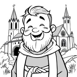 A charming illustration of a priest with a rounded face, full cheeks, and a broad smile, radiating warmth and joy