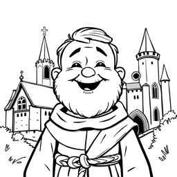 A charming illustration of a priest with a rounded face, full cheeks, and a broad smile, radiating warmth and joy