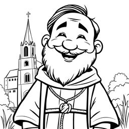 A charming illustration of a priest with a rounded face, full cheeks, and a broad smile, radiating warmth and joy