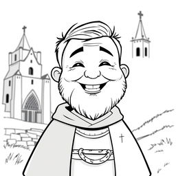 A charming illustration of a priest with a rounded face, full cheeks, and a broad smile, radiating warmth and joy