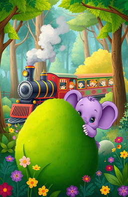 A cute and whimsical illustration of a small purple baby elephant hiding behind a large green bush, with its big, round eyes peeking over the top