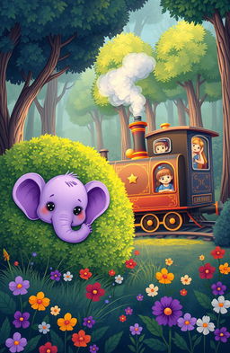 A cute and whimsical illustration of a small purple baby elephant hiding behind a large green bush, with its big, round eyes peeking over the top