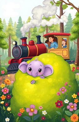 A cute and whimsical illustration of a small purple baby elephant hiding behind a large green bush, with its big, round eyes peeking over the top