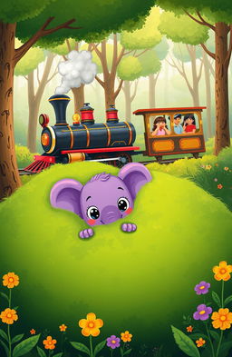 A cute and whimsical illustration of a small purple baby elephant hiding behind a large green bush, with its big, round eyes peeking over the top
