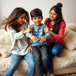 A dynamic scene in a cozy living room where three Tamil teenagers are interacting on a fluffy sofa