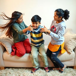 A dynamic scene in a cozy living room where three Tamil teenagers are interacting on a fluffy sofa