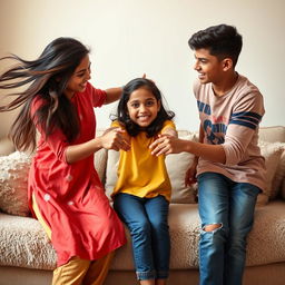 A dynamic scene in a cozy living room where three Tamil teenagers are interacting on a fluffy sofa