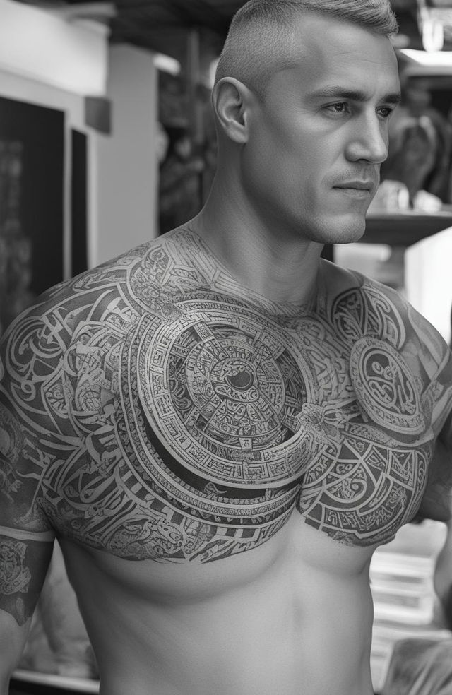 A high-quality, black and white digital art image of a chest tattoo design inspired by Aztec culture