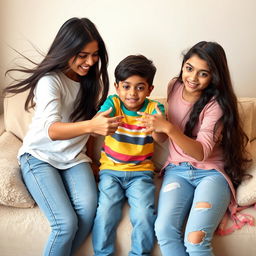 A dynamic scene in a cozy living room where three Tamil teenagers are interacting on a fluffy sofa