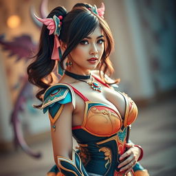 A stunning, attractive female cosplayer showcasing her beautiful curves and cleavage, dressed in a vibrant and intricate cosplay outfit that features elaborate details and accessories